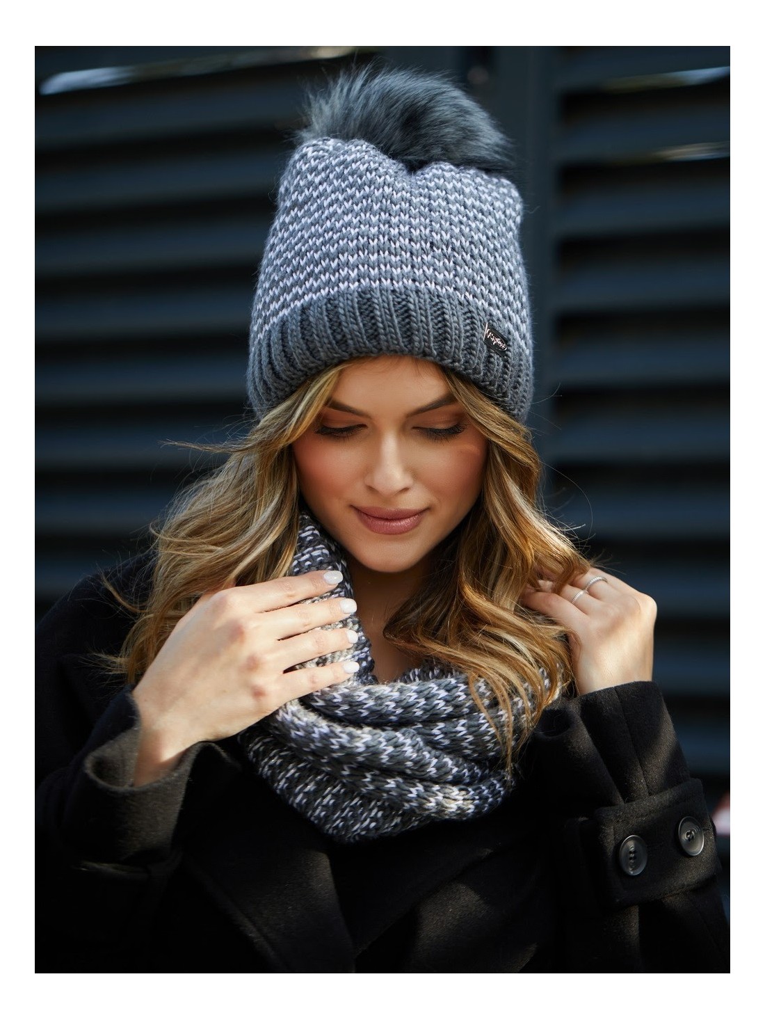 Winter set of hat with herringbone scarf, graphite C45 - Online store - Boutique